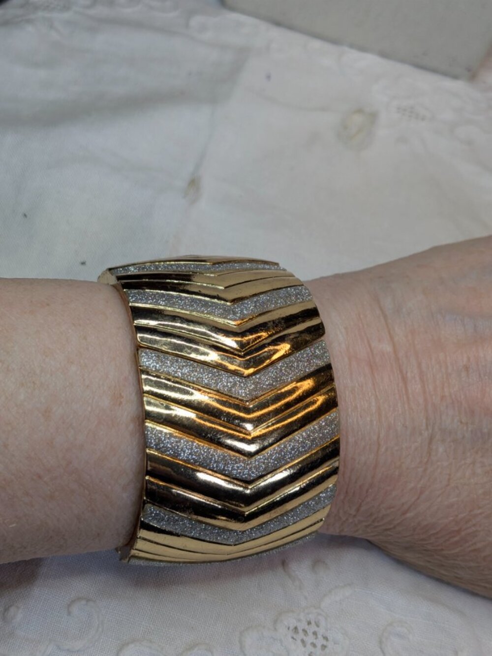 Vintage Gold & Silver Chevron Stretch Bracelet 1.75" Wide